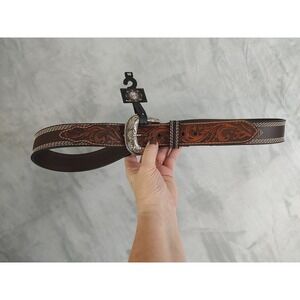 Western‎ Belt Brown Tooled Leather Floral Silver Buckle Size 40 New